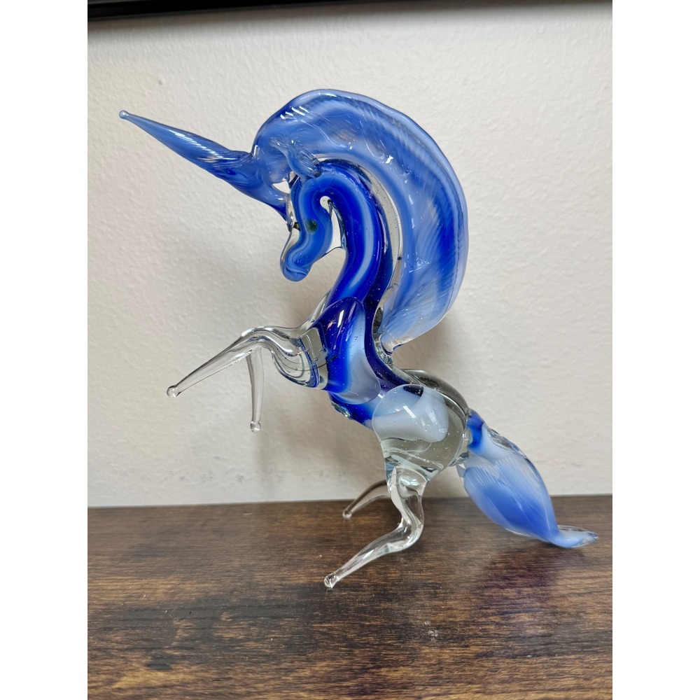 Blue Hand Blown Art Glass Rearing Unicorn Figurine Sculpture 6" Mystical Swirl